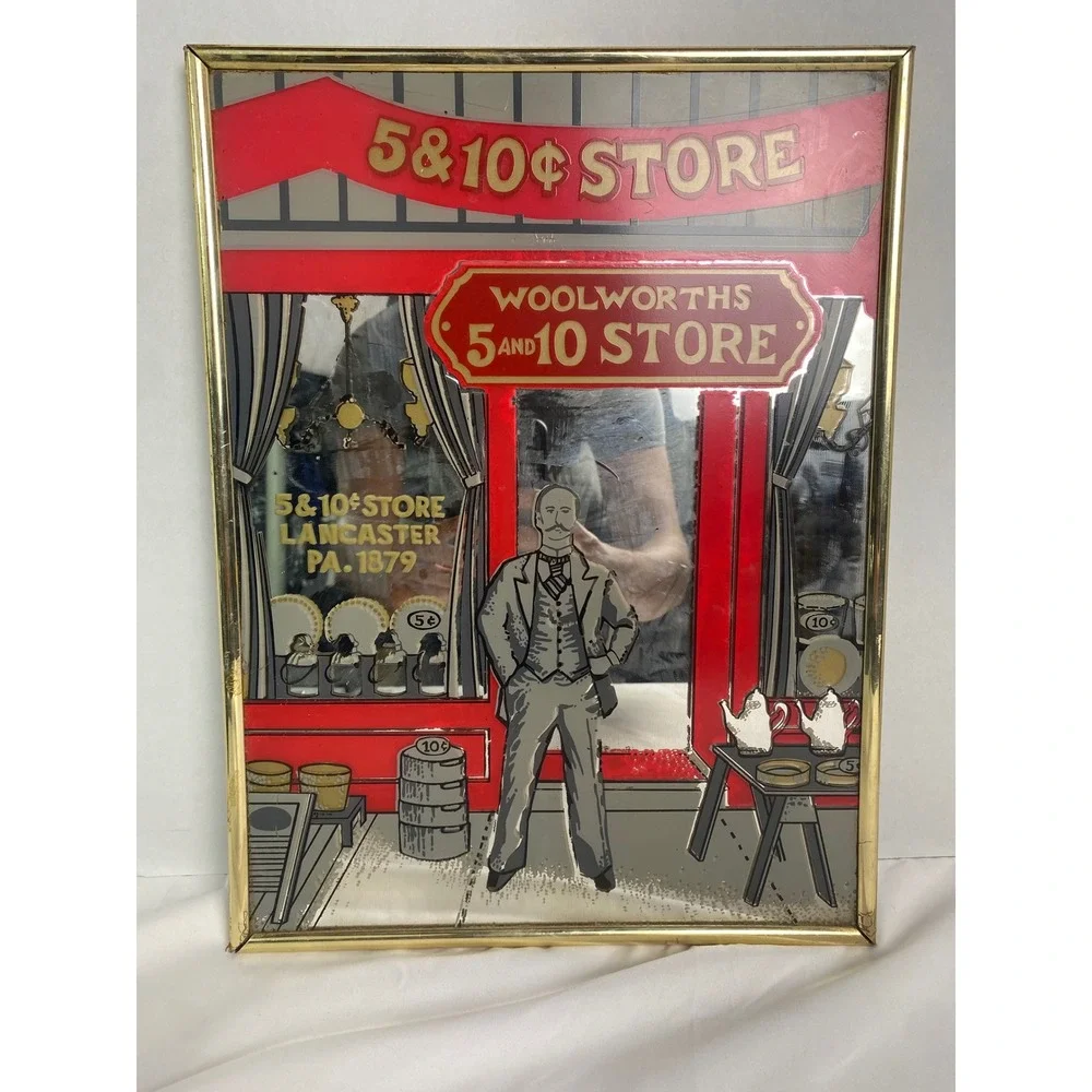 VTG Marsel Mirror Woolworths 5 and 10 Store Red Gold 12x16 Framed Bar Sign